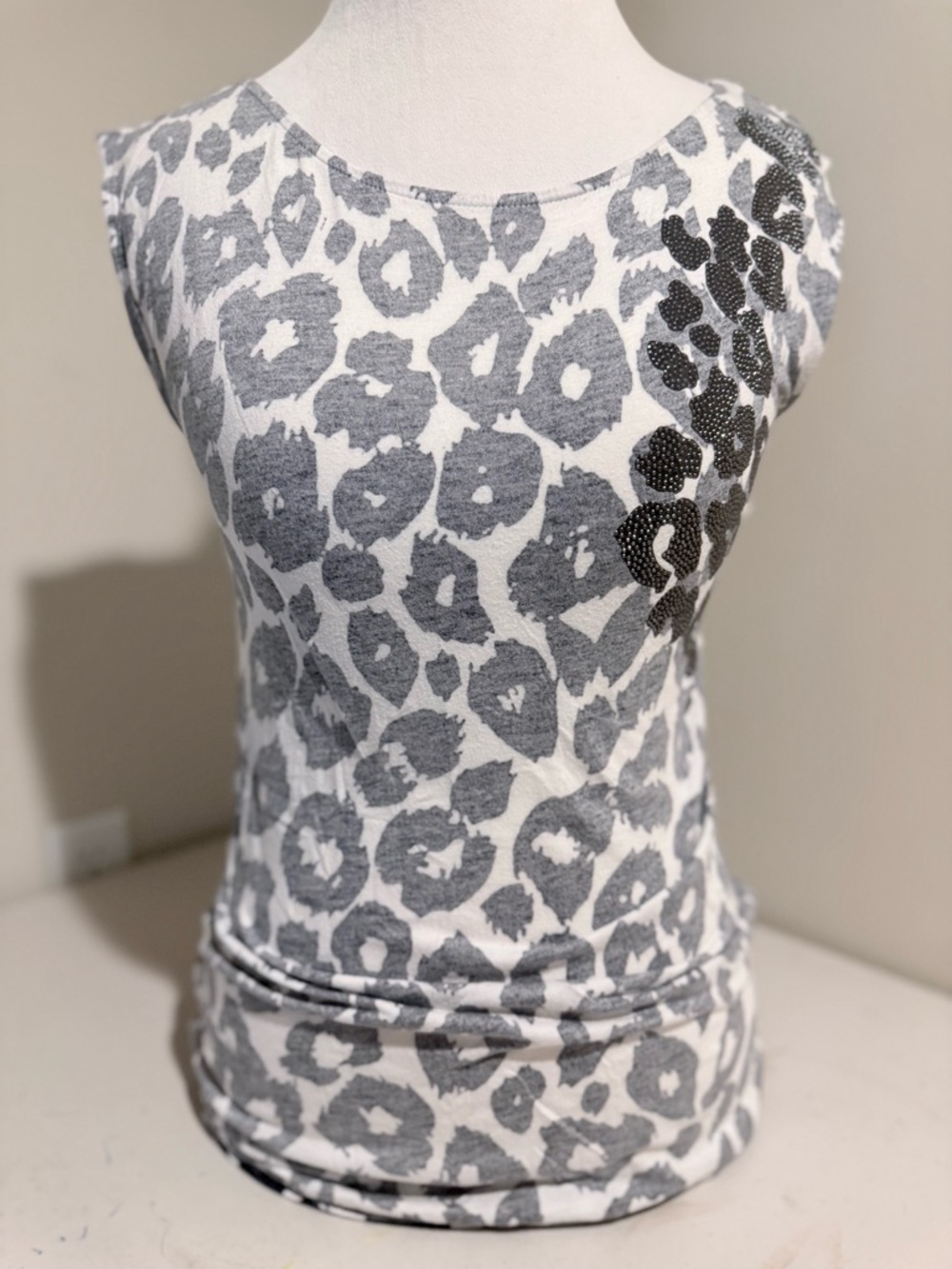 Express Sleeveless Gray Leopard Print Tunic Shirt with Black Gem Detail
